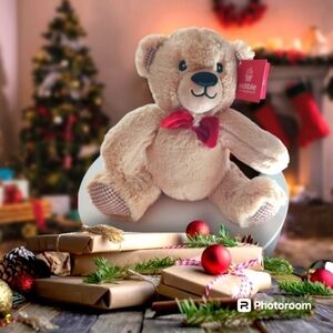 EDI Bear Tan Plush Stuffed Animal Toy Red Bowtie